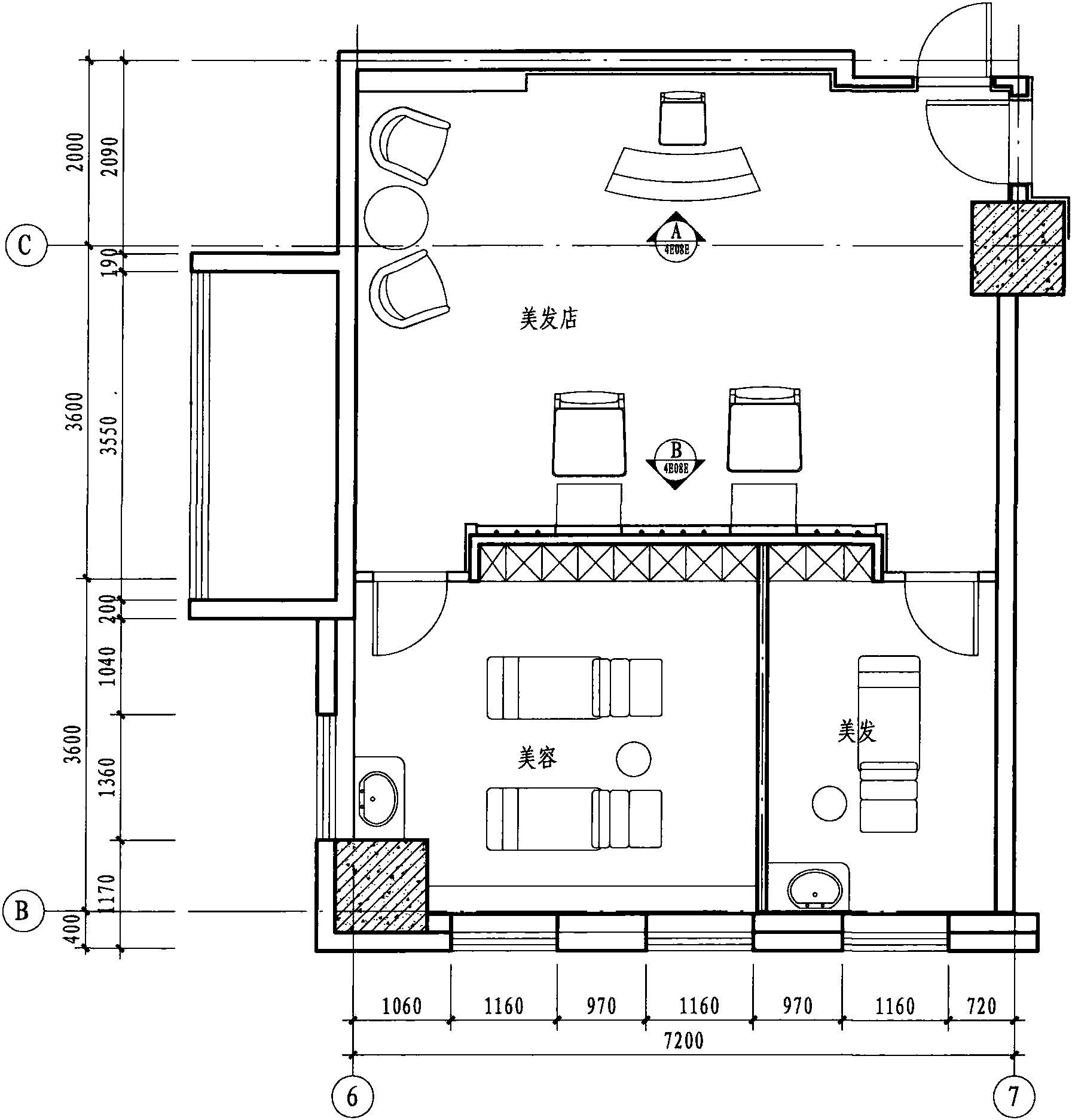 四层美容美发店平面布置图 1:75